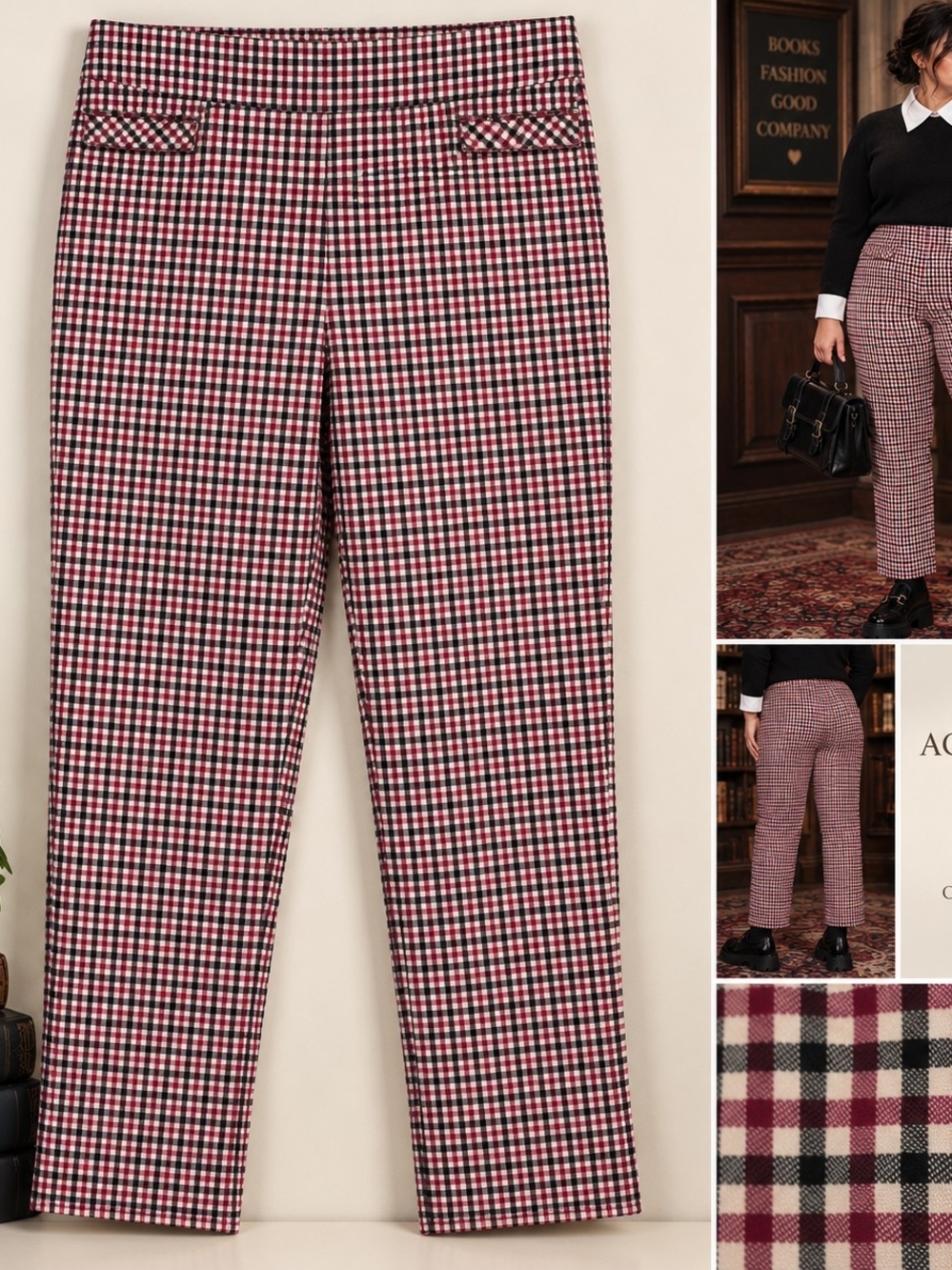 Gingham Plaid Stretch Ankle Pants Dark Academia Preppy Business Casual